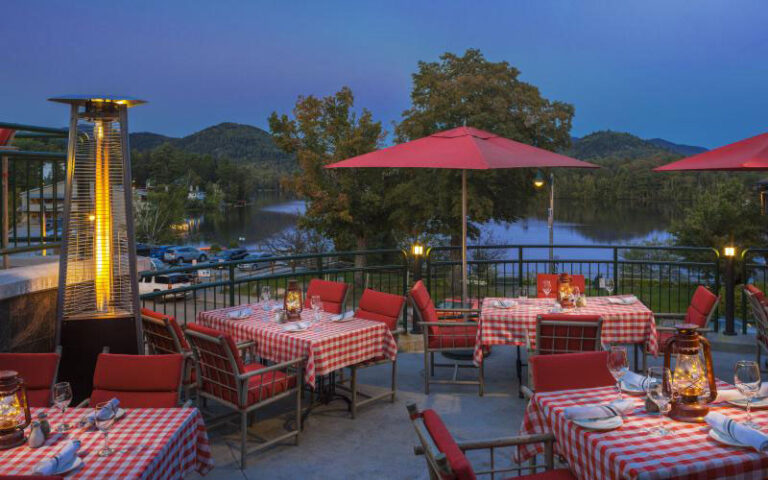 Dancing Bears Restaurant outdoor patio with tables and umbrellas 768x480