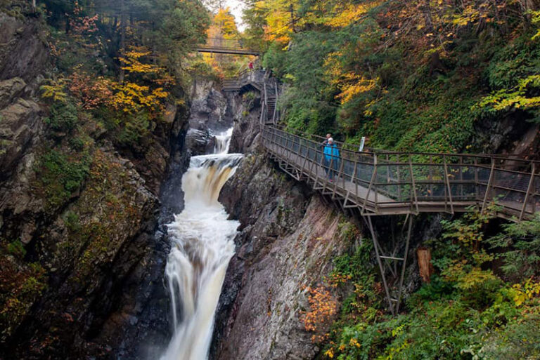 High Falls Gorge waterfalls by wood walkway 768x513