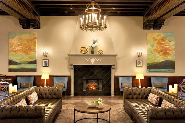 Hotel Saranac lounge with fireplace 768x512